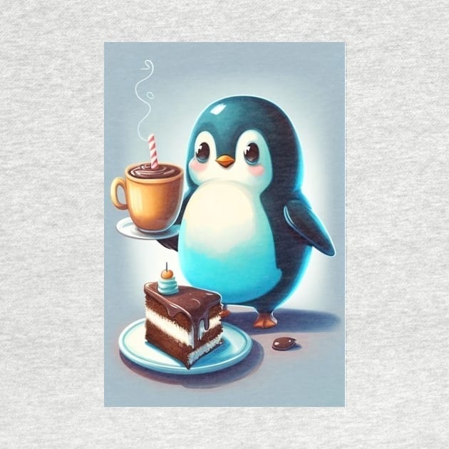 A baby penguin with a cup and a cake by Evgeniya